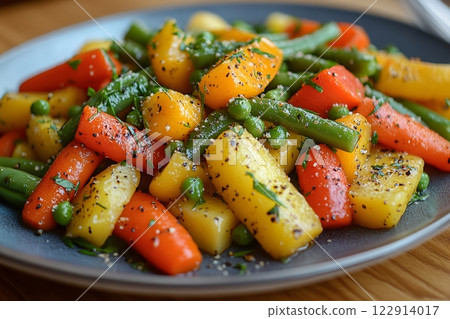Steamed vegetables with salt and pepper resting on a plate 122914017
