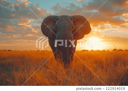 Majestic elephant standing in the african savanna at sunset 122914019