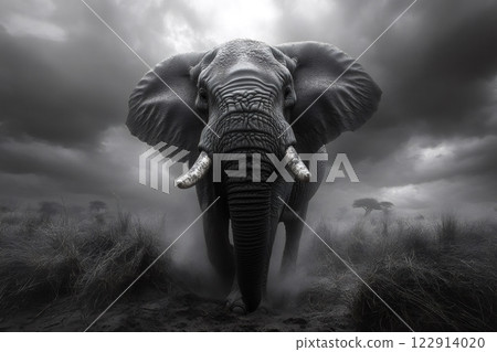 Majestic elephant walking on the african savanna under a dramatic sky 122914020
