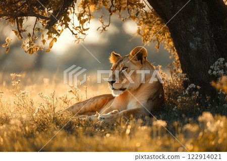 Lioness resting under a tree at sunset in the african savanna 122914021