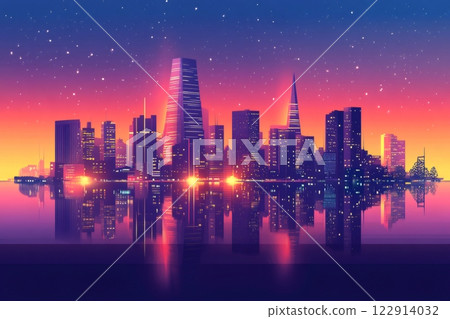 San Francisco skyline reflecting on water at sunset with stars San Francisco skyline reflecting on water at sunset with stars 122914032