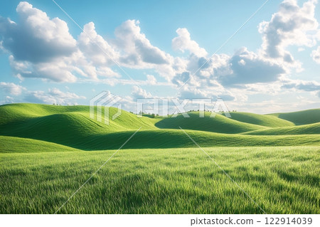 Green grass covering rolling hills under blue sky with clouds Green grass covering rolling hills under blue sky with clouds 122914039