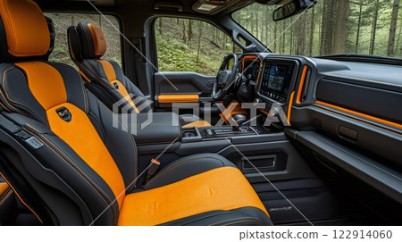 Luxurious orange and black leather interior of a Ram 1500 TRX Havoc Edition pickup truck 122914060