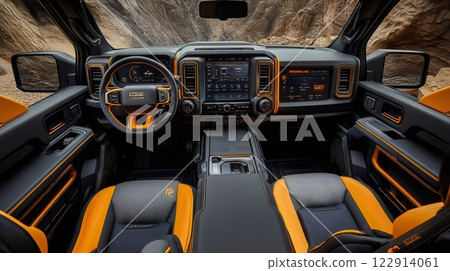 Ram Revolution Concept electric pickup truck interior showing dashboard, steering wheel and seats 122914061