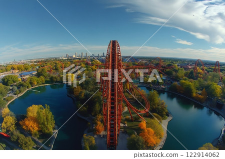 Rollercoaster rising above Six Flags Great America during autumn sunny day with blue sky 122914062
