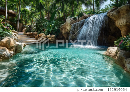 Beautiful tropical lagoon-style swimming pool with waterfall cascading into crystal-clear turquoise water 122914064