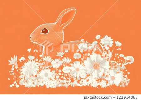 Cute white rabbit hiding in white flowers on orange background 122914065