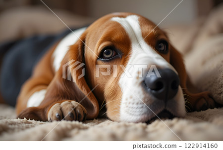 portrait of Basset dog laying on sofa  and being sad . Digital artwork. Ai generated 122914160