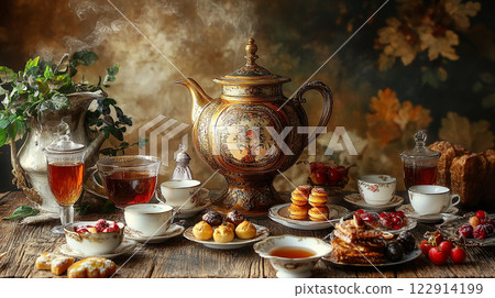 Russia A table with a red tea kettle and a variety of desserts, including cookies and cakes. The table is set for a tea party 122914199