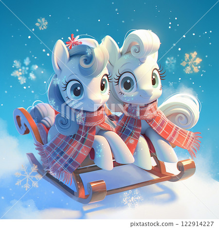 Two ponies are sitting on a sled with a red and white plaid scarf. The scene is set in a snowy environment, and the ponies seem to be enjoying their ride Two ponies are sitting on a sled with a red and white plaid scarf. The scene is set in a snowy environment, and the ponies seem to be enjoying their ride 122914227
