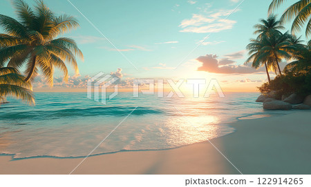 A beautiful beach with a blue ocean and mountains in the background. The sky is clear and the sun is shining brightly A beautiful beach with a blue ocean and mountains in the background. The sky is clear and the sun is shining brightly 122914265