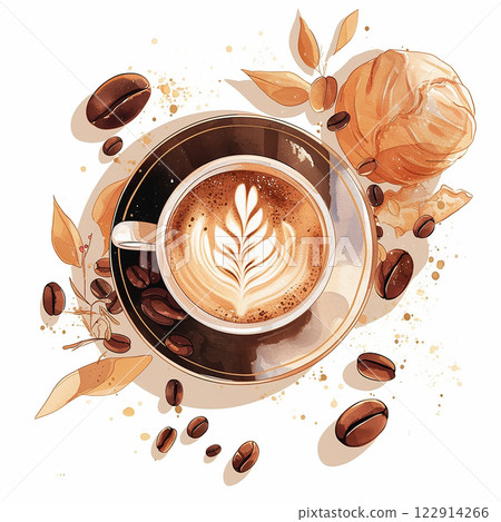 A white coffee cup with a heart on it sits on a plate of pastries and coffee beans 122914266