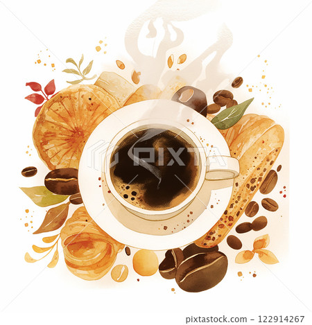 A white coffee cup with a heart on it sits on a plate of pastries and coffee beans 122914267