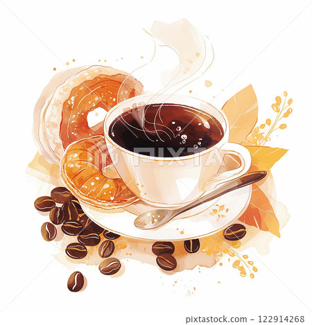 A white coffee cup with a heart on it sits on a plate of pastries and coffee beans 122914268