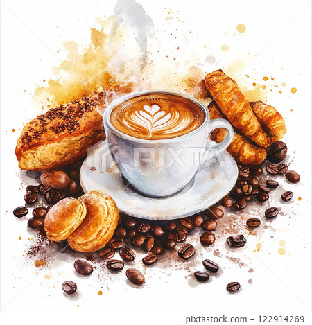 A white coffee cup with a heart on it sits on a plate of pastries and coffee beans 122914269