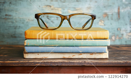 A stack of books with a pair of glasses on top. The glasses are blue and green. The books are of different colors and sizes. Concept of learning and studying, as well as the importance of reading 122914270