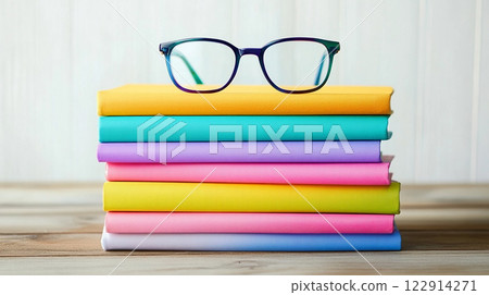 A stack of books with a pair of glasses on top. The glasses are blue and green. The books are of different colors and sizes. Concept of learning and studying, as well as the importance of reading 122914271