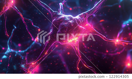 A colorful, glowing brain with purple and blue strands. The image is abstract and surreal, with a mood of wonder and curiosity 122914305