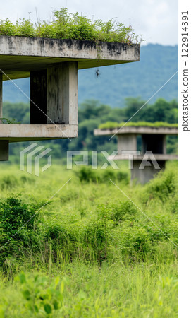 Abandoned concrete structures with greenery in lush landscape 122914391