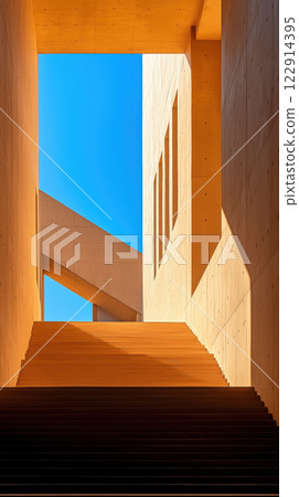 Modern architectural staircase with wooden steps and bright blue sky 122914395