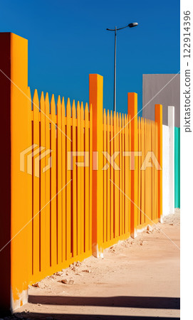Bright orange fence against clear blue sky, creating vibrant scene 122914396