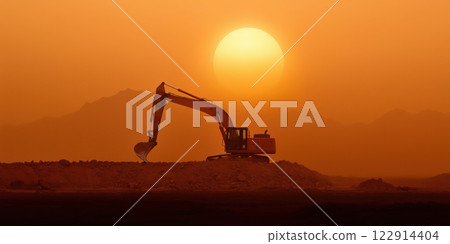 Excavator working at sunset with mountains in background 122914404