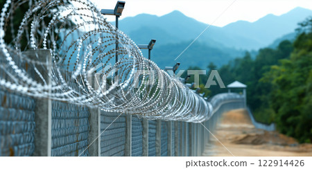 secure fence with barbed wire and surveillance cameras in mountainous area 122914426