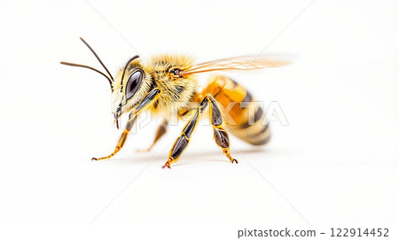 Close-up photo of a bee on a white background, detailed and sharp 122914452