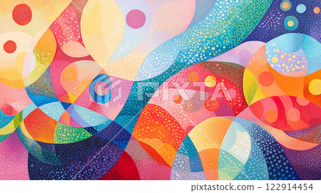A colorful abstract painting with a lot of different colors and shapes. The painting has a lot of different colors and shapes, and it looks like it's meant to be a piece of art 122914454