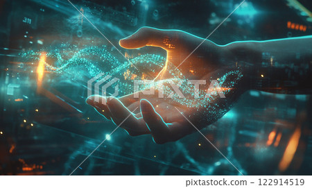 A hand is holding a blue and orange light that is glowing. The light is surrounded by a blue and orange swirl. Concept of wonder and awe at the beauty of the light A hand is holding a blue and orange light that is glowing. The light is surrounded by a blue and orange swirl. Concept of wonder and awe at the beauty of the light 122914519