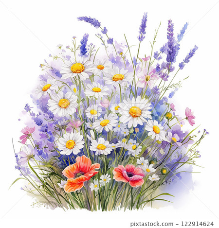 A painting of a bouquet of flowers with a white background. The flowers include daisies, lavender, and red poppies. The painting has a bright and cheerful mood, with the colors of the flowers 122914624