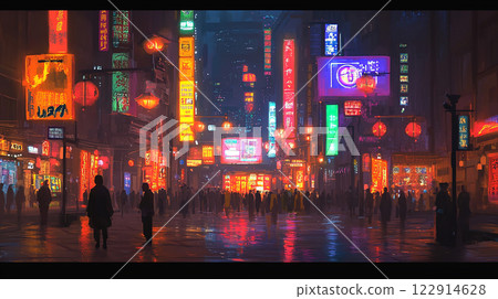 A busy city street with neon signs and people walking. Scene is lively and bustling 122914628