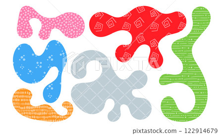 Colorful organic shapes in various patterns and forms scattered across a white background Colorful organic shapes in various patterns and forms scattered across a white background 122914679