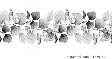 Black and white seamless floral border. Delicate leaves and branches pattern. 122914692
