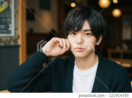 一名年輕男子在咖啡館休息，看著相機（AI 生成的圖像） 122914785