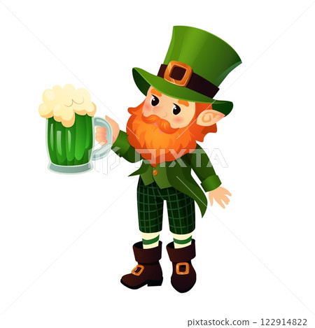Vector illustration of a cheerful leprechaun holding a frothy mug of green beer, dressed in traditional Irish attire. He wears a green top hat with a buckle, a matching coat, plaid trousers, and brown Vector illustration of a cheerful leprechaun holding a frothy mug of green beer, dressed in traditional Irish attire. He wears a green top hat with a buckle, a matching coat, plaid trousers, and brown 122914822