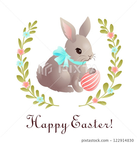 Cute Easter-themed vector illustration featuring a fluffy gray bunny with a blue ribbon around its neck, holding a decorated Easter egg. The design is framed with a floral wreath of green leaves and 122914830