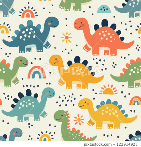 Seamless pattern with stylized cute dinosaurs, rainbows, and abstract elements. 122914923