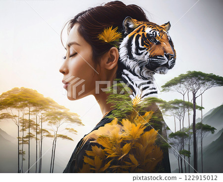 Harmony of Nature, Asian Beauty, Tiger Spirit, Tropical Forest, Double Exposure Art, Serene Portrait, Wildlife Fusion, Golden Foliage, Mystical Landscape, Feminine Power 122915012