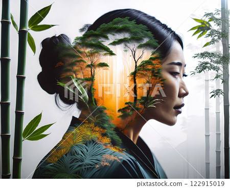 Bamboo Forest Serenity, Asian Beauty, Nature's Harmony, Double Exposure Art, Tropical Sunset, Inner Landscape, Zen Portrait, Lush Foliage, Spiritual Connection, Environmental Awareness, Tranquil Gaze Bamboo Forest Serenity, Asian Beauty, Nature's Harmony, Double Exposure Art, Tropical Sunset, Inner Landscape, Zen Portrait, Lush Foliage, Spiritual Connection, Environmental Awareness, Tranquil Gaze 122915019