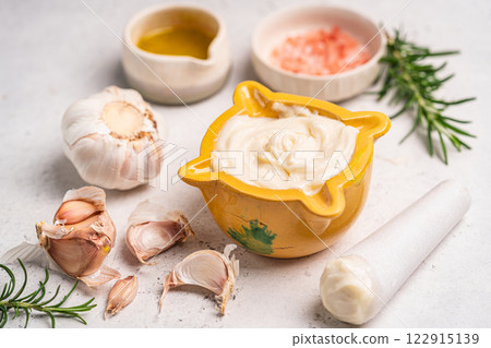 Homemade aioli or allioli garlic sauce 122915139