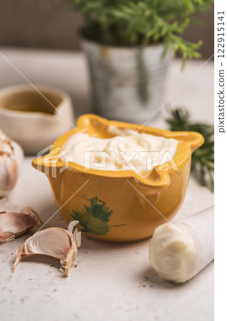 Homemade aioli or allioli garlic sauce 122915141