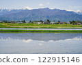 Mount Jonen in the Northern Alps reflected in the rice fields in spring (Azumino City, Nagano Prefecture) 122915146