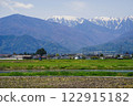 Snow-capped mountains and fresh greenery in spring (Azumino City, Nagano Prefecture) 122915182