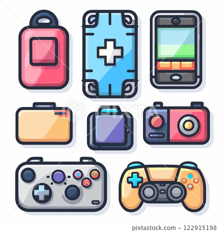 Set of cartoon images of various electronic devices, including a cell phone 122915198