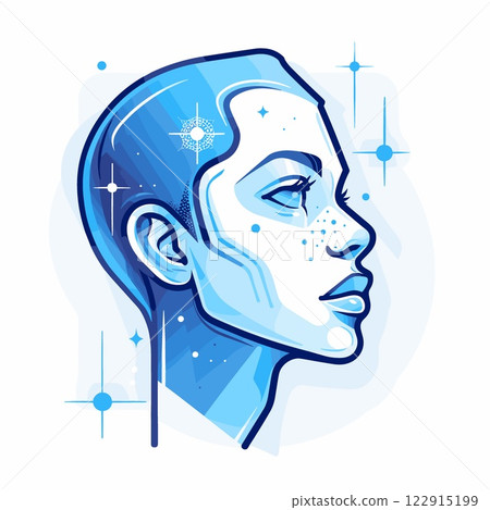 Woman's face is drawn in blue with stars and dots 122915199