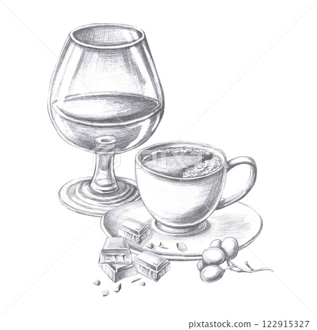 Cup of coffee with a bar of chocolate, grapes and a glass of cognac. Pencil isolated illustration for cafes design, menu design and cookbooks. Cup of coffee with a bar of chocolate, grapes and a glass of cognac. Pencil isolated illustration for cafes design, menu design and cookbooks. 122915327