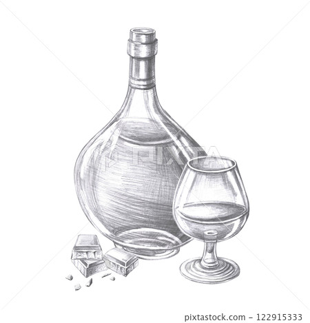 Bottle of cognac, glass and chocolate in pencil. Isolated illustration on the theme of alcoholic drinks for menu design, cookbook, gastronomic magazines and festivals. Bottle of cognac, glass and chocolate in pencil. Isolated illustration on the theme of alcoholic drinks for menu design, cookbook, gastronomic magazines and festivals. 122915333