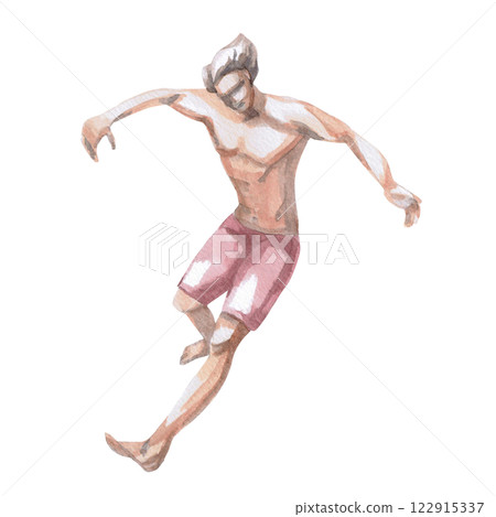 Young man in dynamic pose in sports shorts. Isolated watercolor illustration of surfer for design of tourist brochures, men's cosmetics, sports stores. 122915337