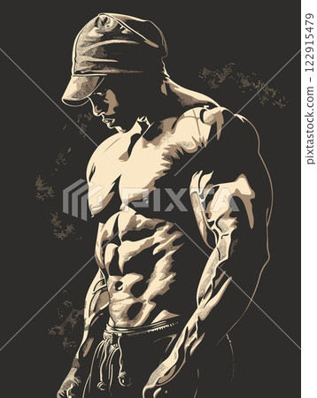 Man with a hat and a shirt showing his chest muscles 122915479